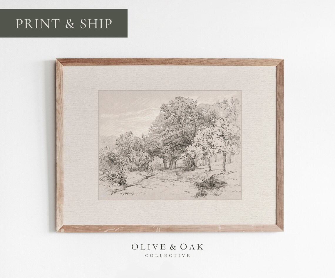 Vintage Landscape Sketch, Neutral Cottage Decor Art Print