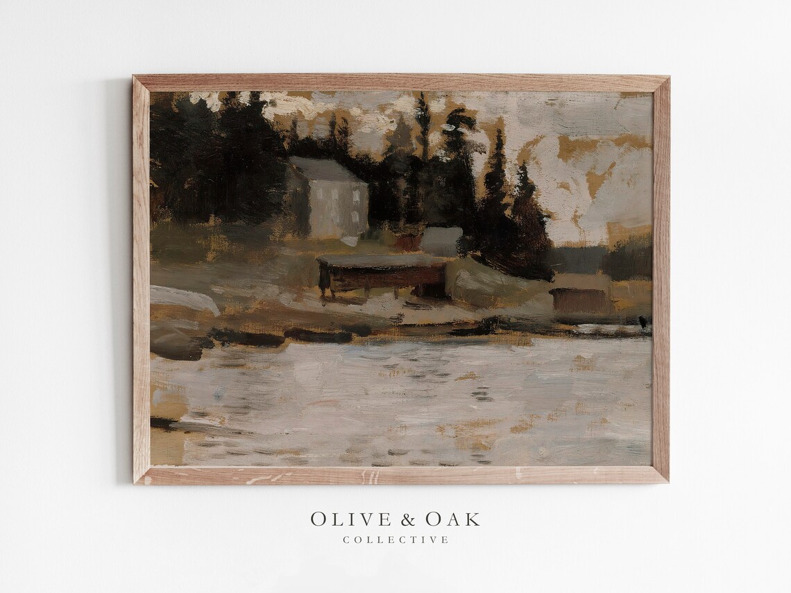 Rustic Landscape Painting, Abstract Cabin Decor