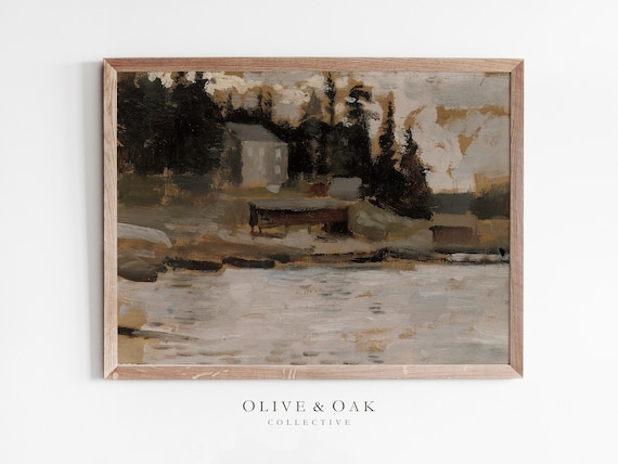 Rustic Landscape Painting, Abstract Cabin Decor