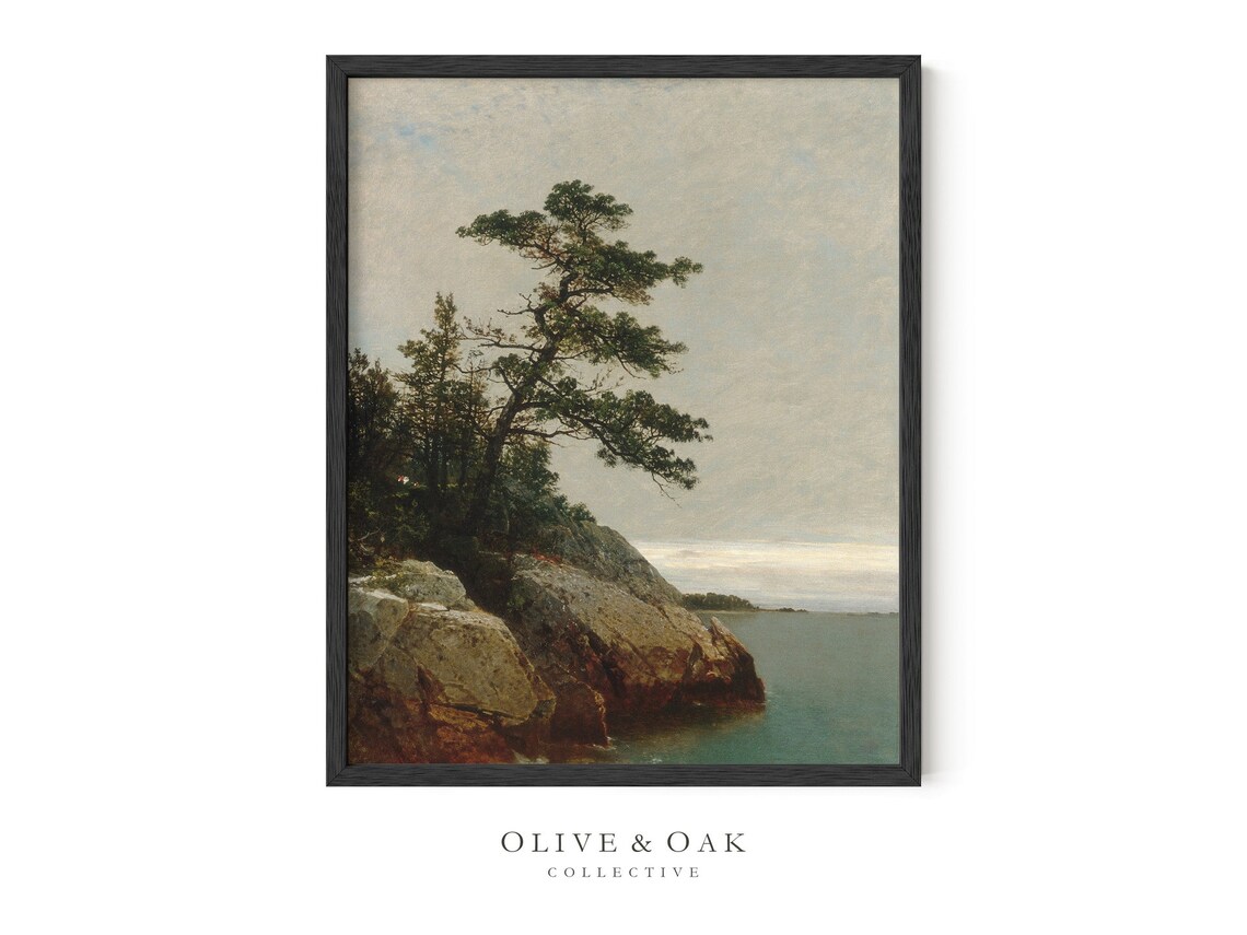 Coastal Landscape Painting, Vintage Pine Tree Rustic Decor - Image 2