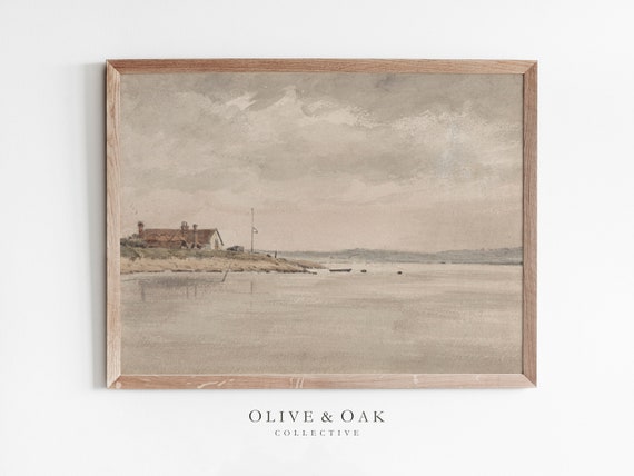 Neutral Seascape Painting, Coastal Vintage Art Print