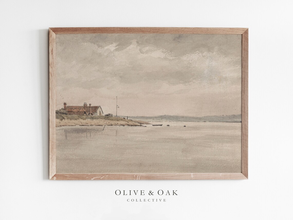 Neutral Seascape Painting, Coastal Vintage Art Print