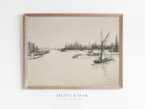 Vintage Sailboat Print, Nautical Harbor Sketch
