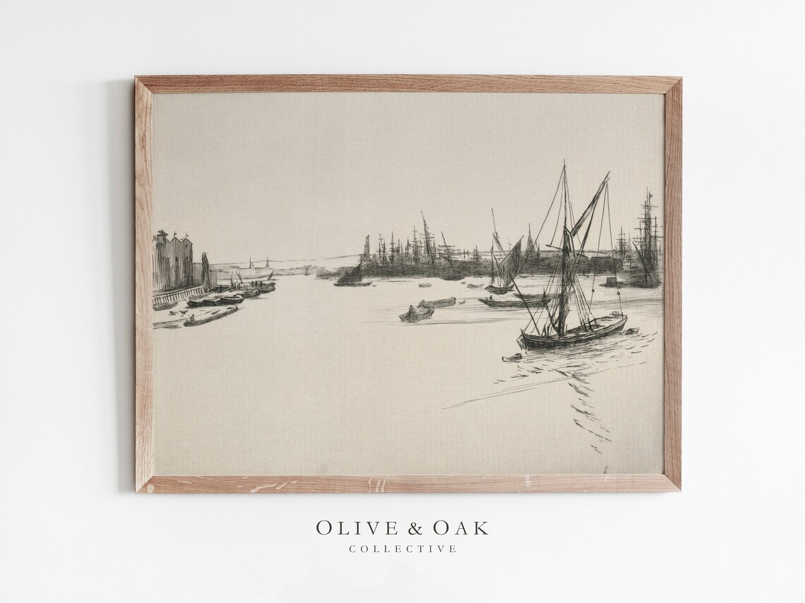 Vintage Sailboat Print, Nautical Harbor Sketch