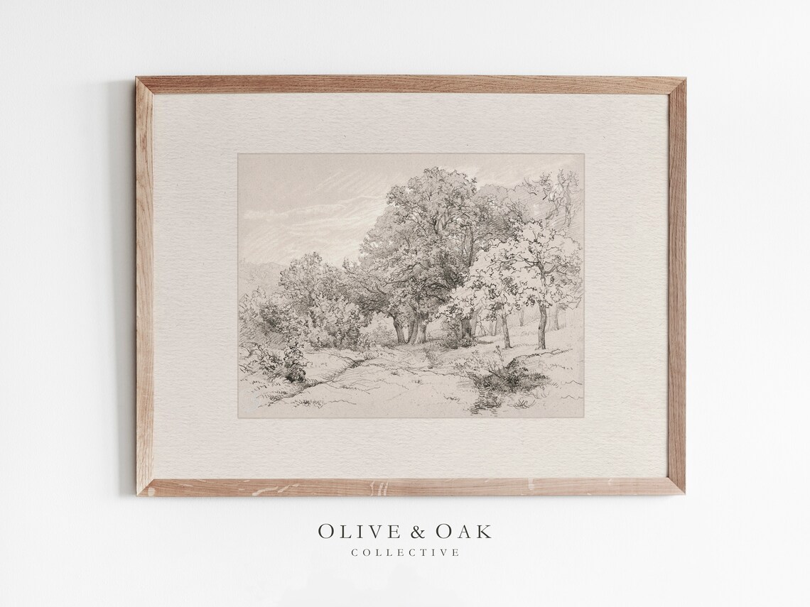 Vintage Landscape Sketch, Farmhouse Art Print
