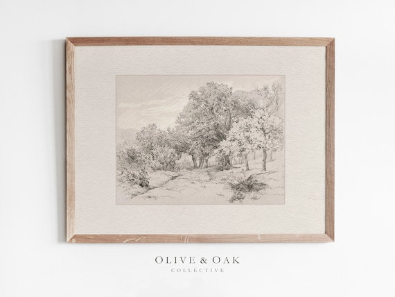 Vintage Landscape Sketch, Farmhouse Art Print