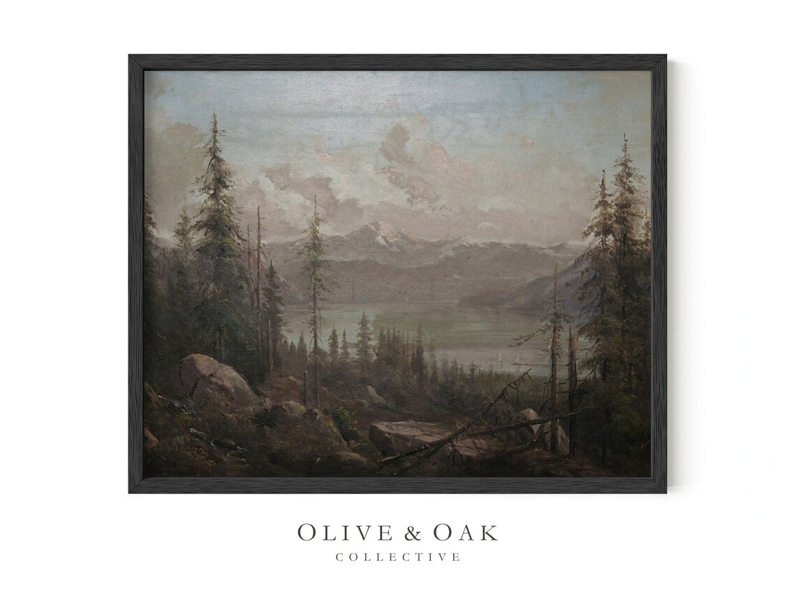 Vintage Lake Landscape, Rustic Mountain Painting - Image 3