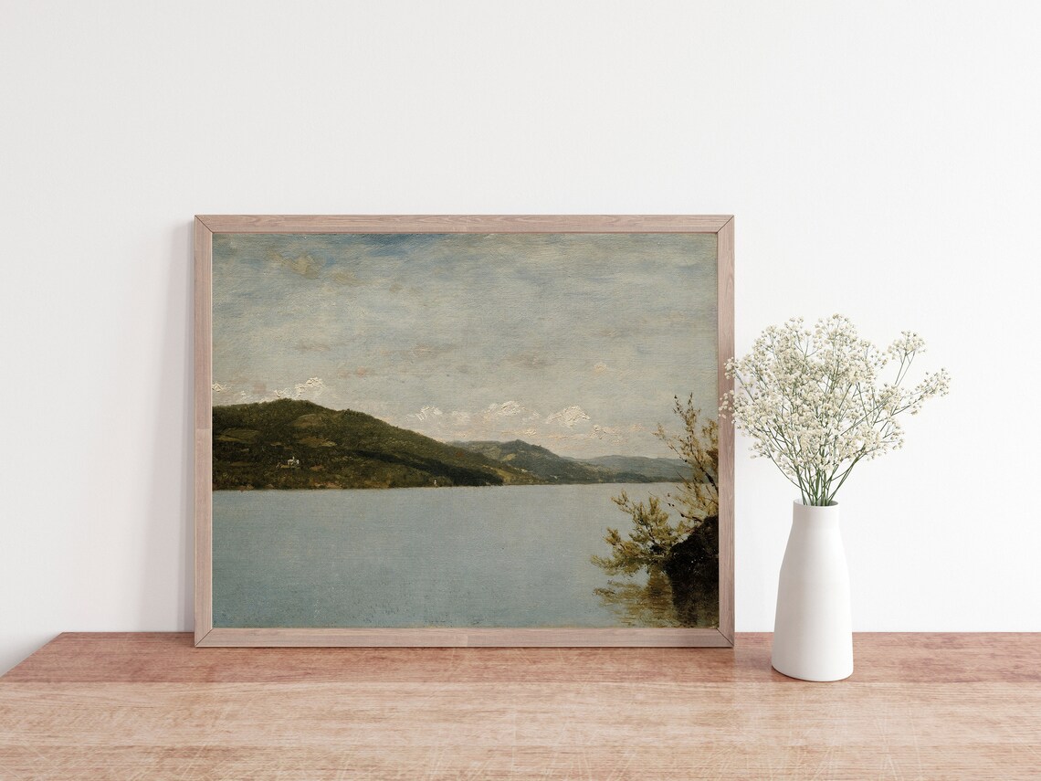 Vintage Lake Landscape Painting, Rustic Decor Art Print - Image 2