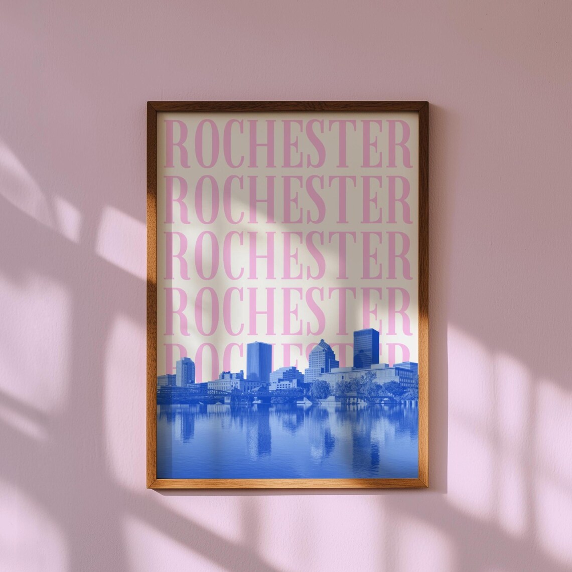 Rochester New York Pink Lettering Blue Skyline Retro Travel Poster