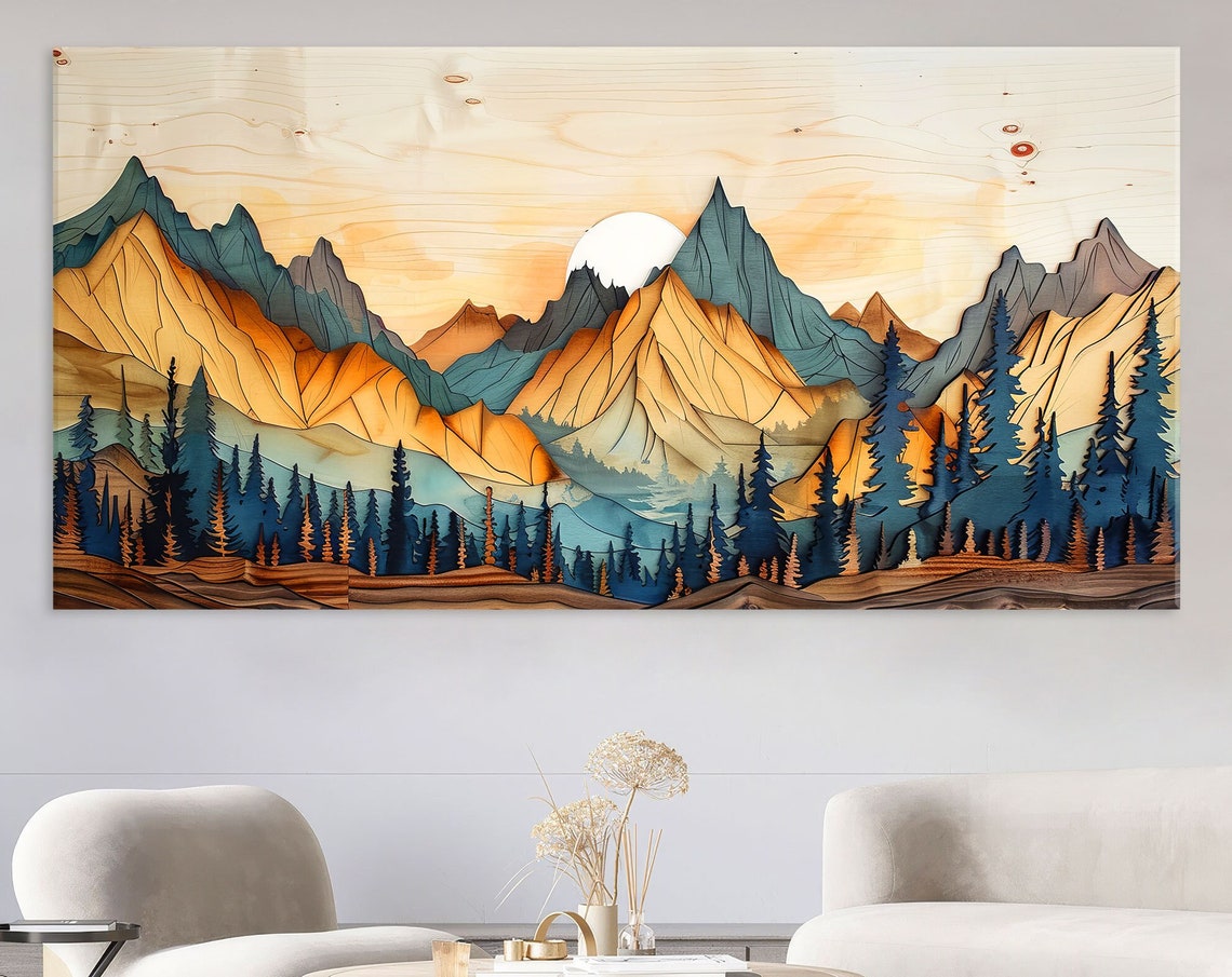 Wood Grain Rust Orange Blue Mountain Peaks Pines Range Art Poster