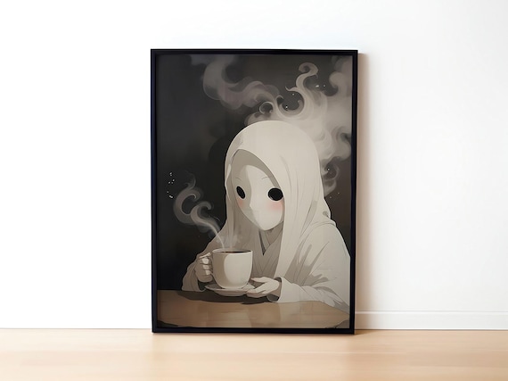 Adorable Little Ghost Girl Drinking Coffee Dark Halloween Poster