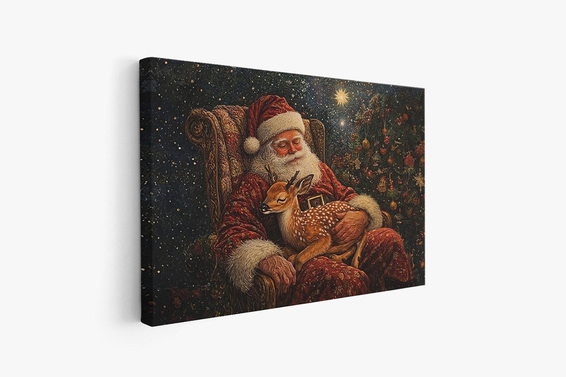 Santa Claus Dozing In Armchair With Fawn By Christmas Tree Vintage Poster - Image 4