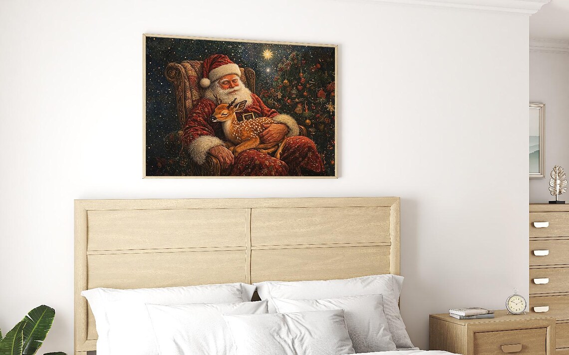 Santa Claus Dozing In Armchair With Fawn By Christmas Tree Vintage Poster - Image 3