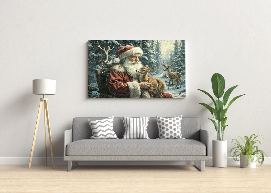 Santa Claus Holding Fawn In Snowy Forest Vintage Christmas Oil Painting Poster - Image 3