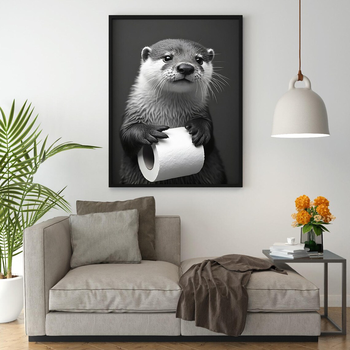 Cute Otter Holding Toilet Paper Funny Bathroom Black and White Poster - Image 3