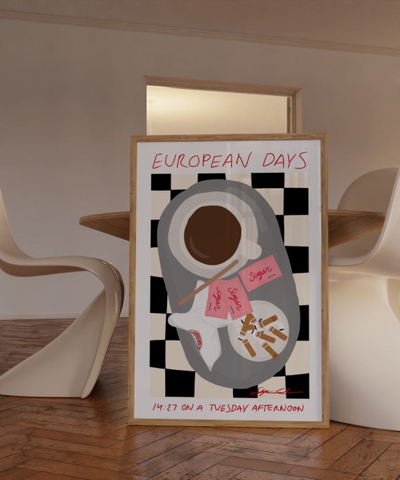 European Days Retro Kitchen Print Sugar And Coffee Cafe Trendy Checkered Wall Art French Vintage