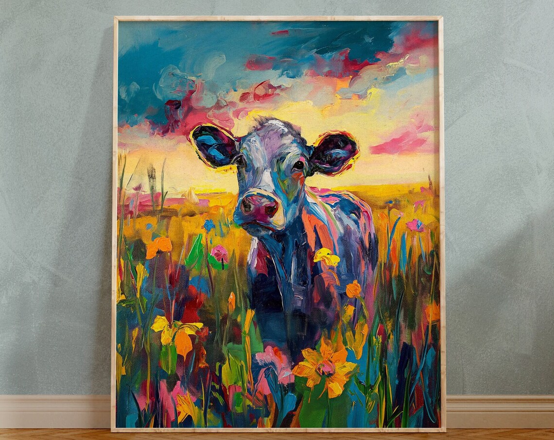 Colorful Cow in Wildflower Meadow Sunset Impressionist Poster - Image 2