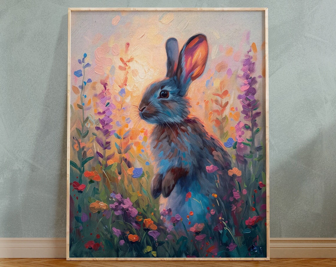 Bunny Rabbit in Lavender Meadow Sunset Oil Painting Art Poster