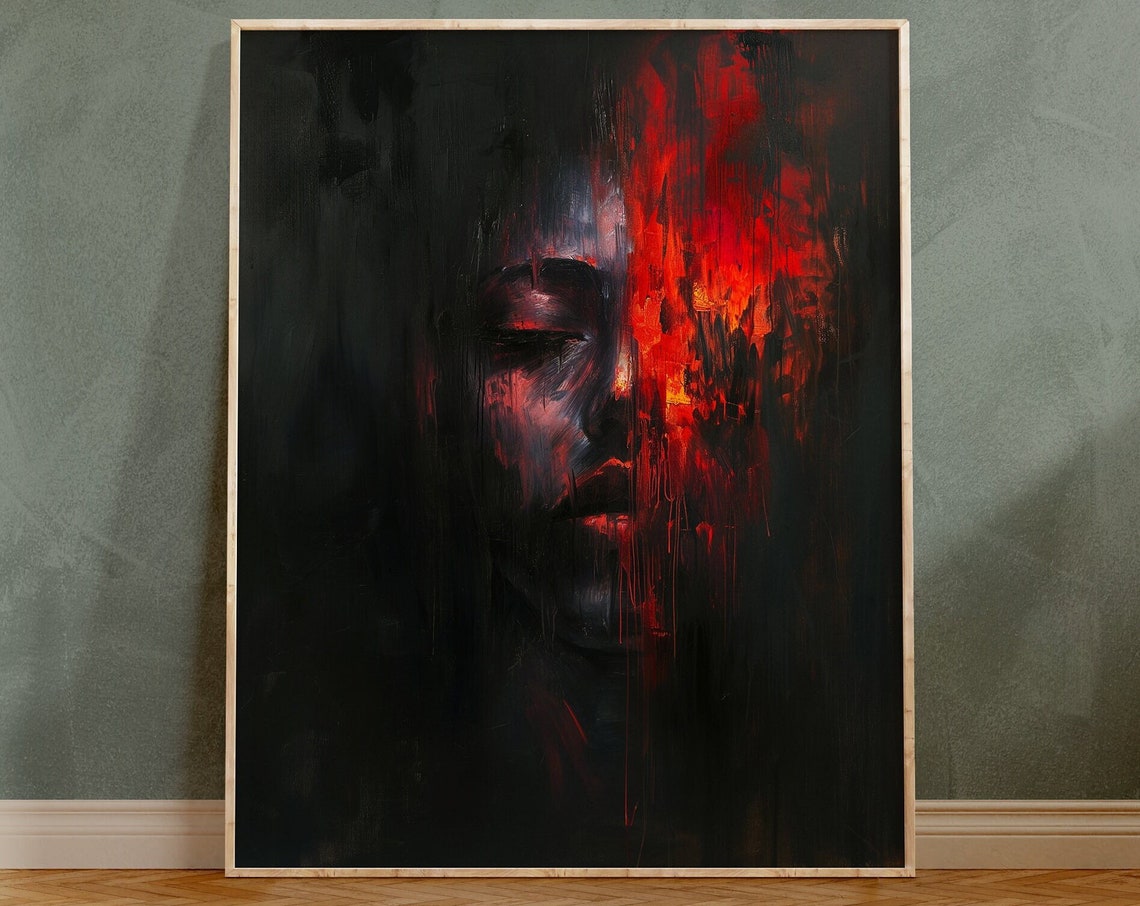 Half Face in Darkness With Fiery Red Abstract Oil Art Poster