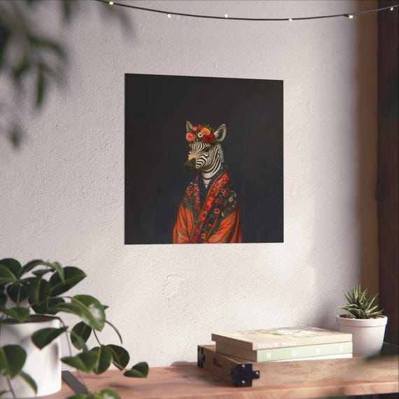Maximalist Eclectic Fashionista Zebra Poster Print Bold Altered Animal Portrait Fantasy Fun Colorful Flowery Rustic Vintage Floral Art
