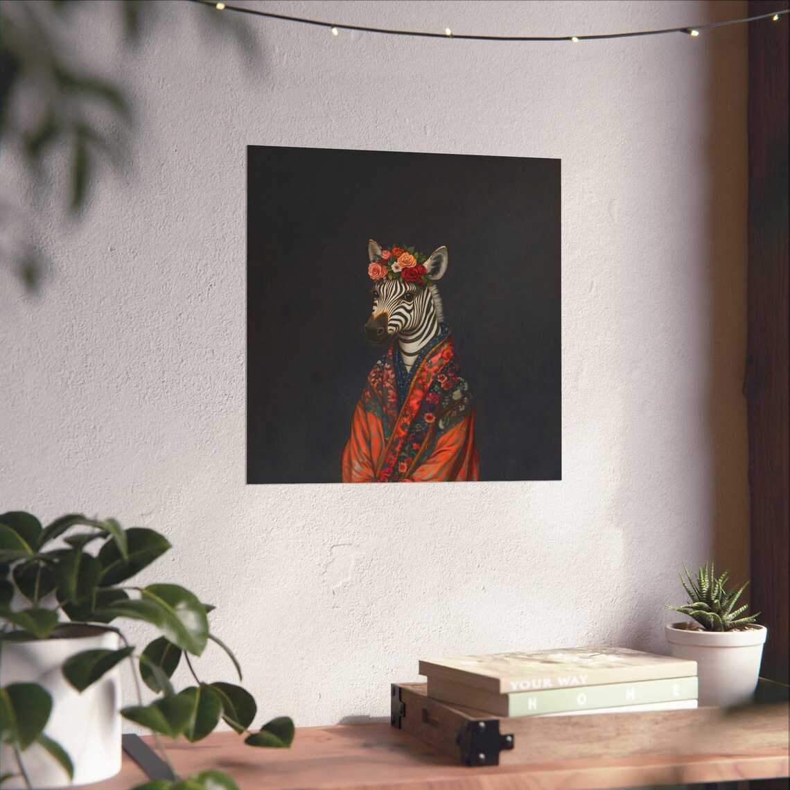 Elegant Zebra Portrait Rose Flower Crown Bold Patterned Robe Animal Poster