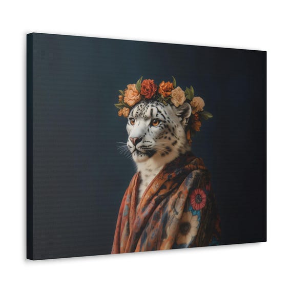 Maximalist Eclectic Snow Leopard Fashionista Print Bold Altered Animal Portrait Fantasy Fun Colorful Flowery Vintage Floral Art