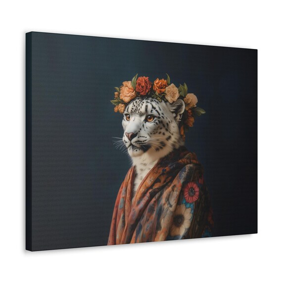 Snow Leopard Orange Rose Crown Floral Kimono Regal Animal Poster