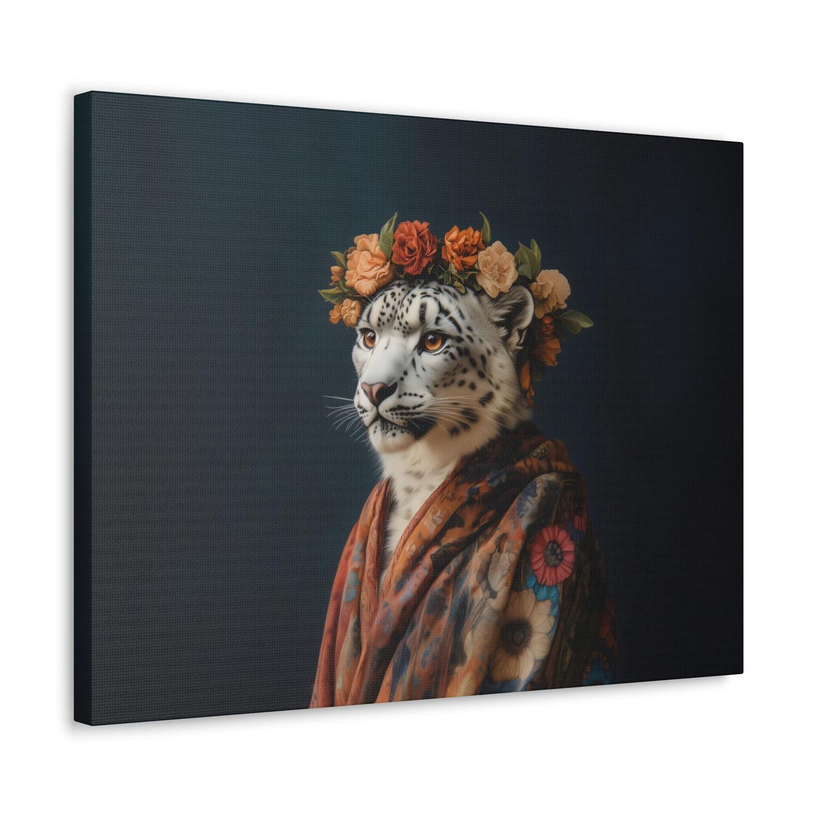 Snow Leopard Orange Rose Crown Floral Kimono Regal Animal Poster