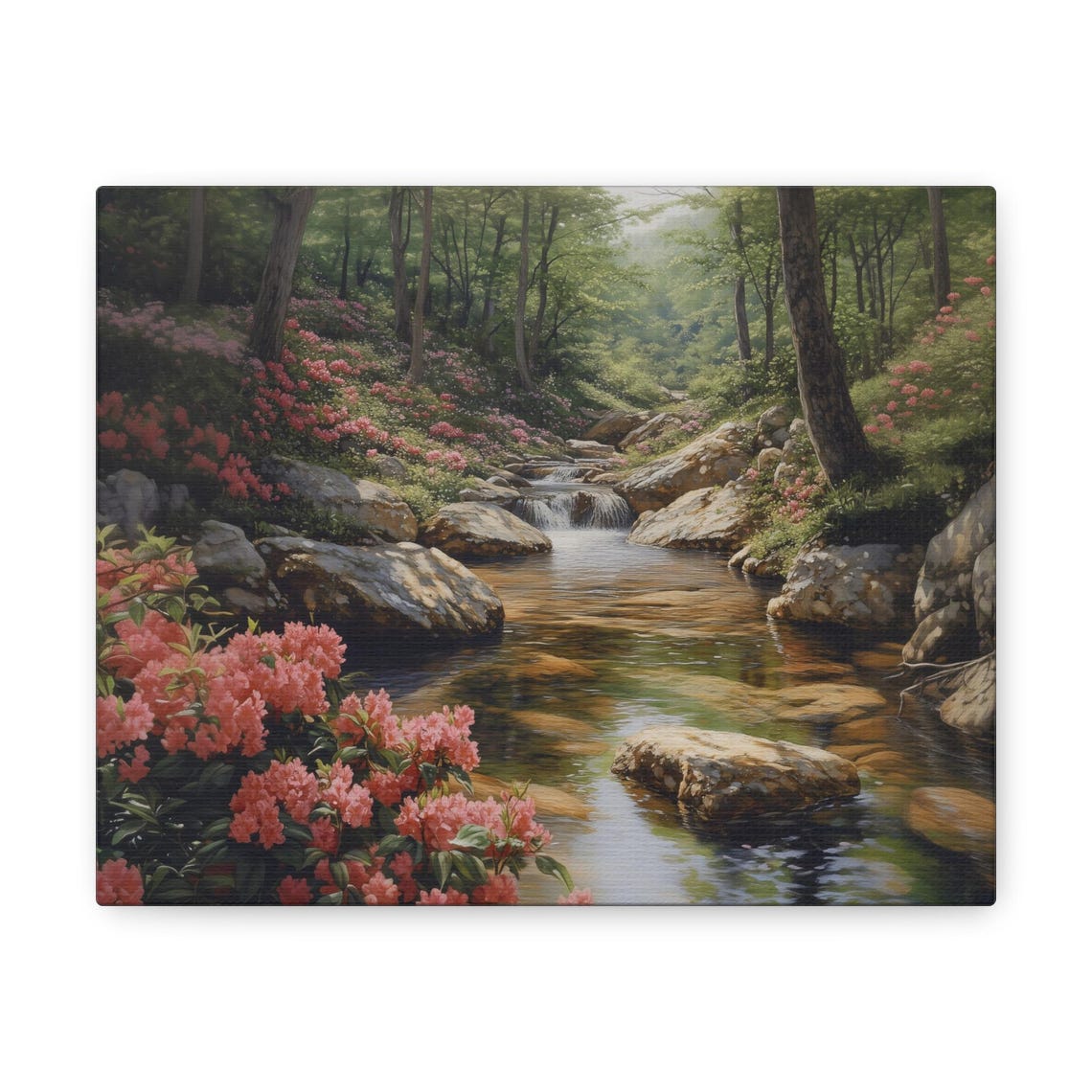 Pink Blossom Forest Stream Waterfall Peaceful Nature Wall Art - Image 2