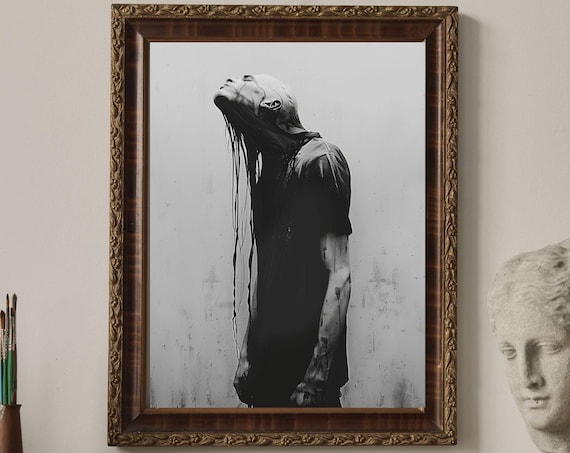Monochrome Surreal Portrait Man with Dripping Black Ink Poster