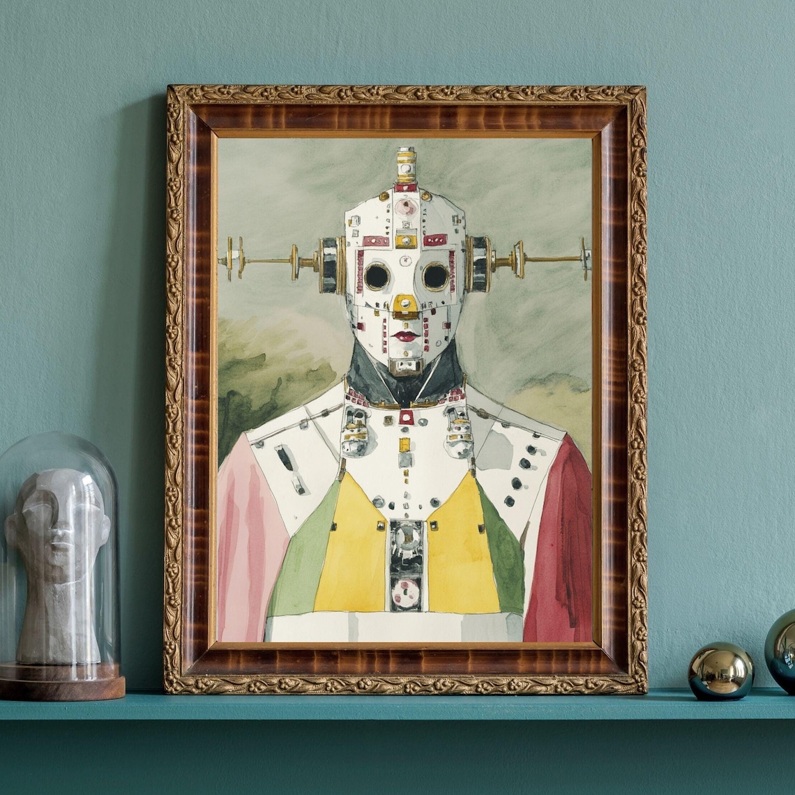Surreal Robot Knight Watercolor Portrait Antique Gold Frame Style Poster