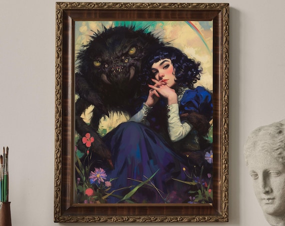 Dark Fantasy Girl Black Beast Wildflowers Gothic Fantasy Art Poster