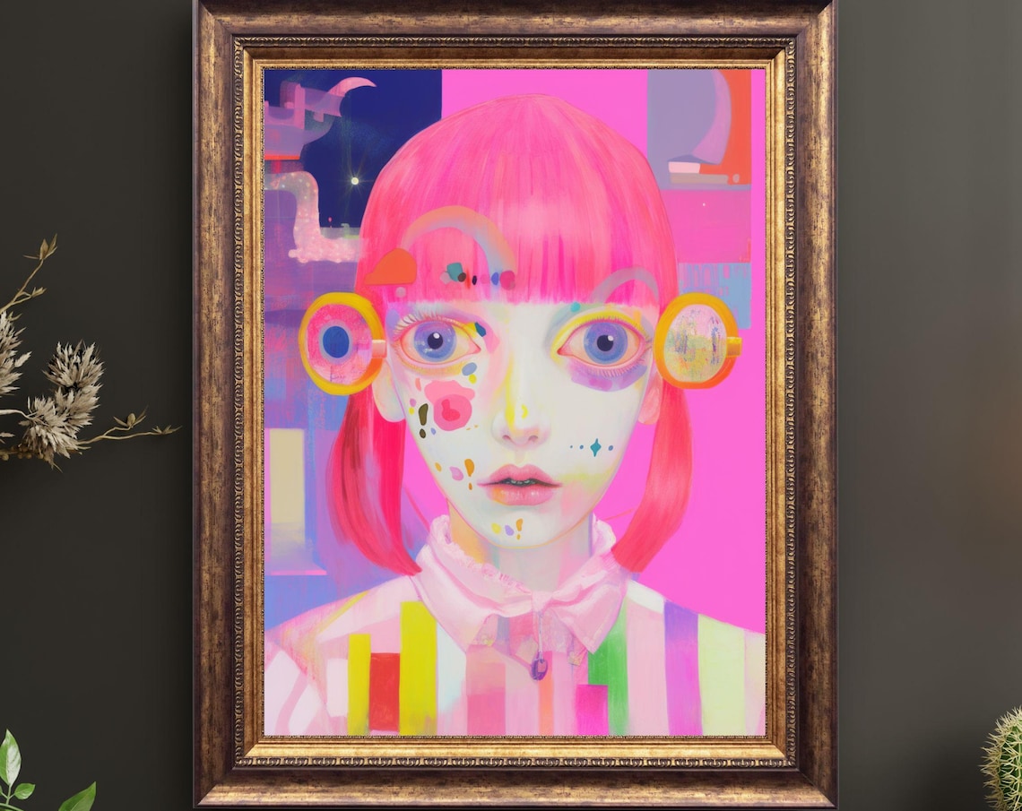 Pink Hair Anime Girl Big Blue Eyes Kawaii Pop Portrait Poster