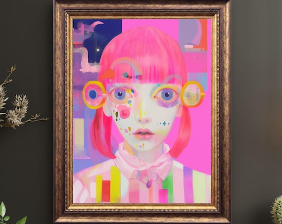 Pink Hair Anime Girl Big Blue Eyes Kawaii Pop Portrait Poster