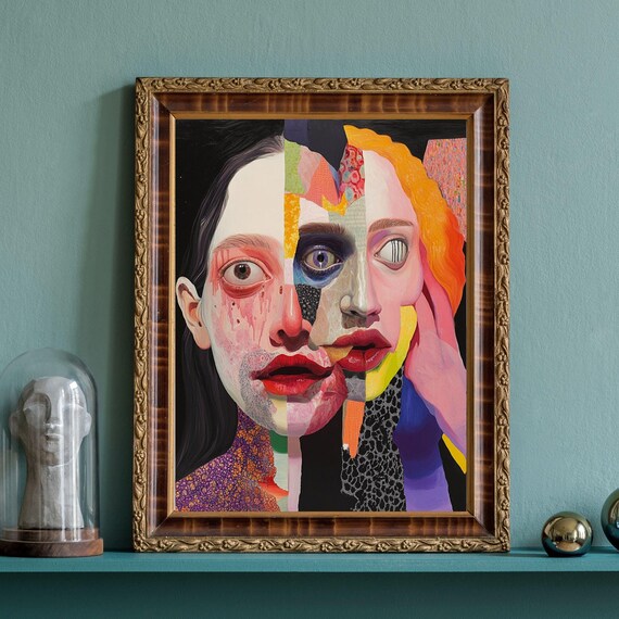 Cubist Fractured Colorful Faces Modern Abstract Portrait Poster