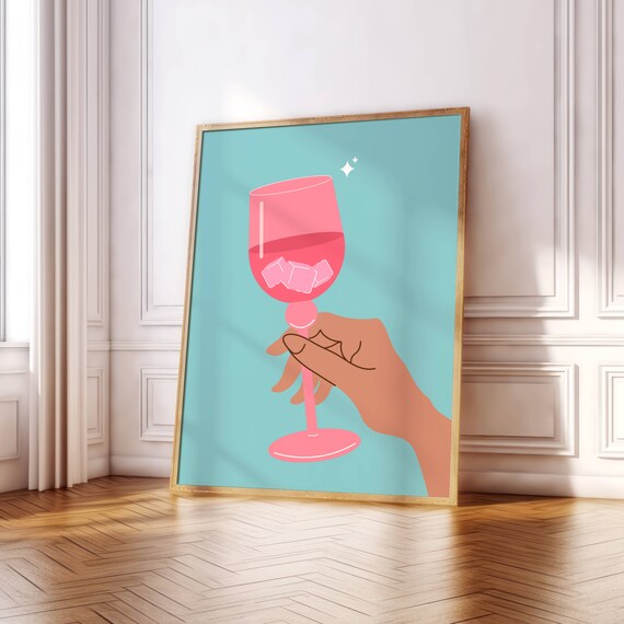 Pink Wine Glass Illustration Teal Retro Cocktail Kitchen Wall Art