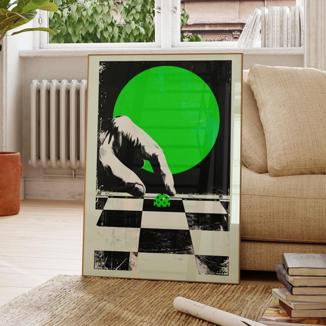 Neon Green Sun Hand Rolling Dice Checkered Retro Surreal Poster