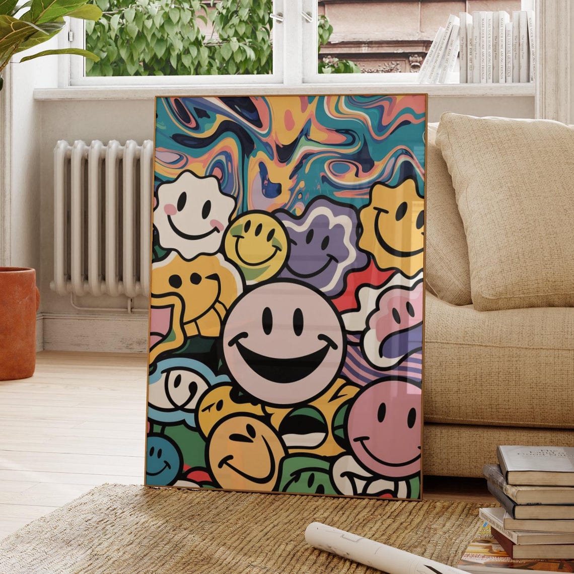 Trippy Melting Smiley Faces Psychedelic Colorful Collage Poster