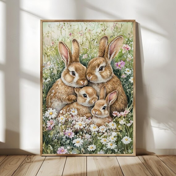 Watercolor Bunny Family Among Wildflowers Rabbits Nursery Art Poster