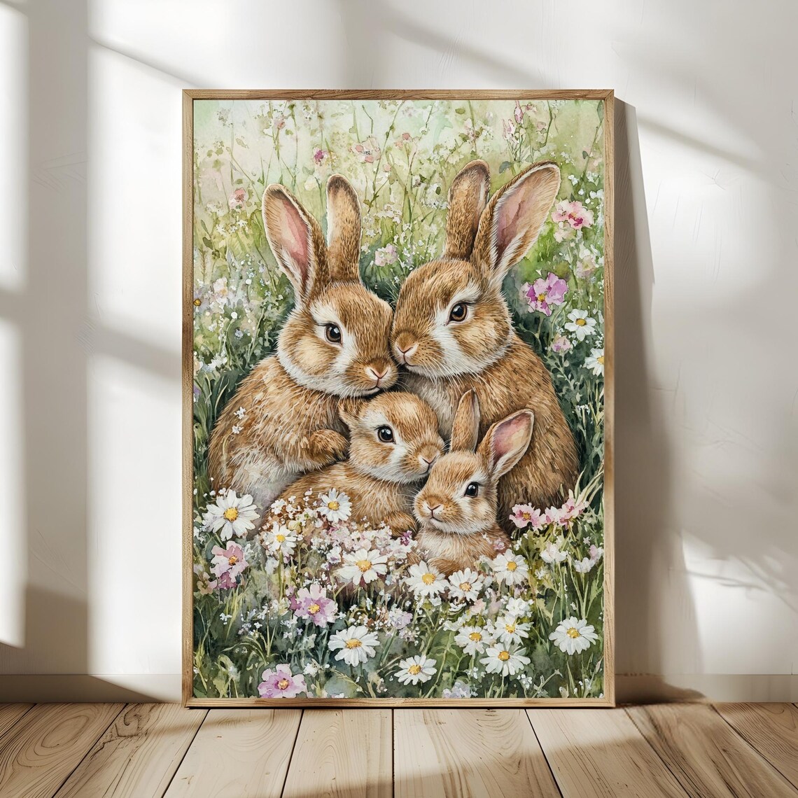Cute Bunny Family Farmhouse Rabbit Art Antique Bunny Oil Painting Mom Dad Baby Art Vintage Hare Happy Easter Poster Light Academia Decor