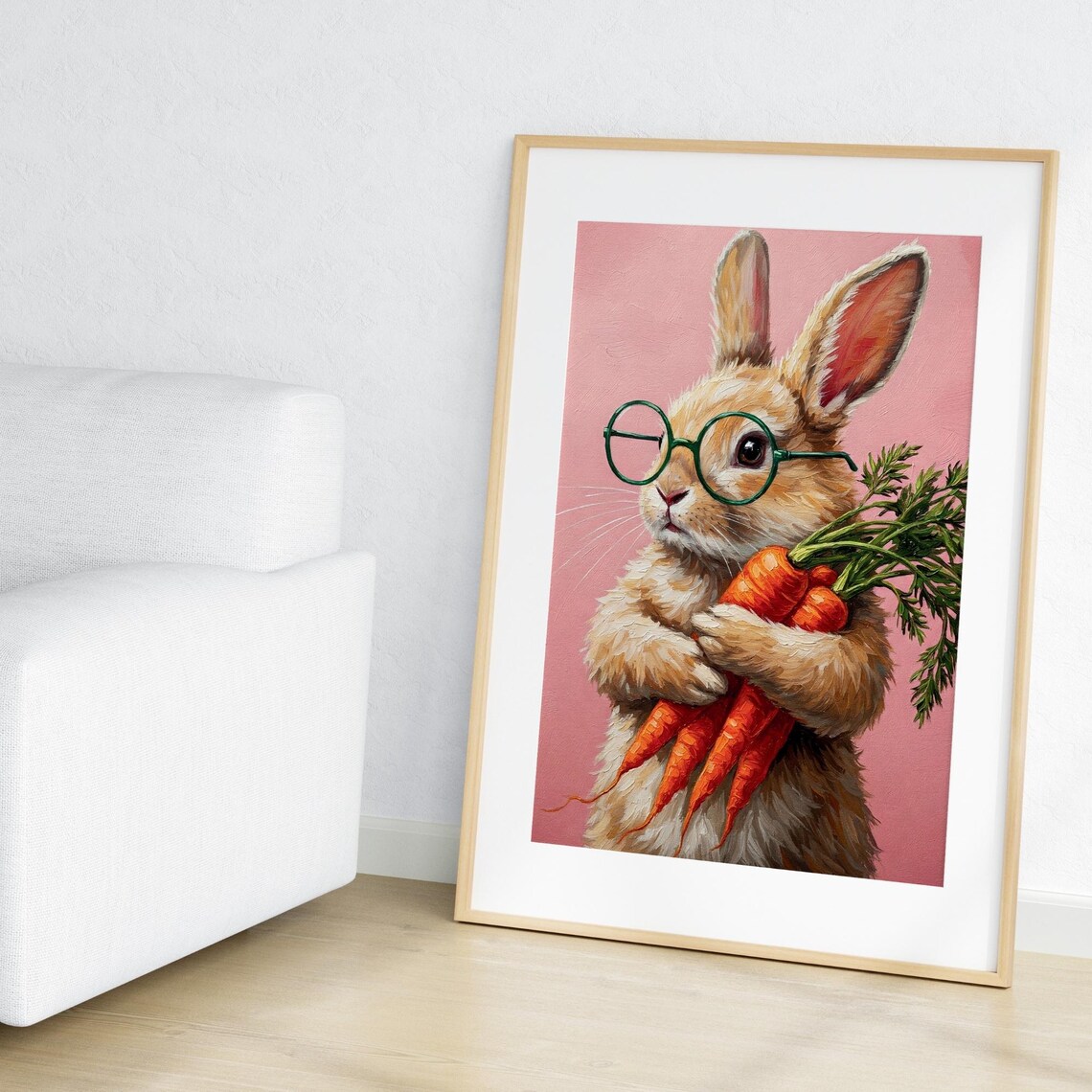 Cute Bunny With Green Glasses Holding Carrots Pink Nursery Poster - Image 3