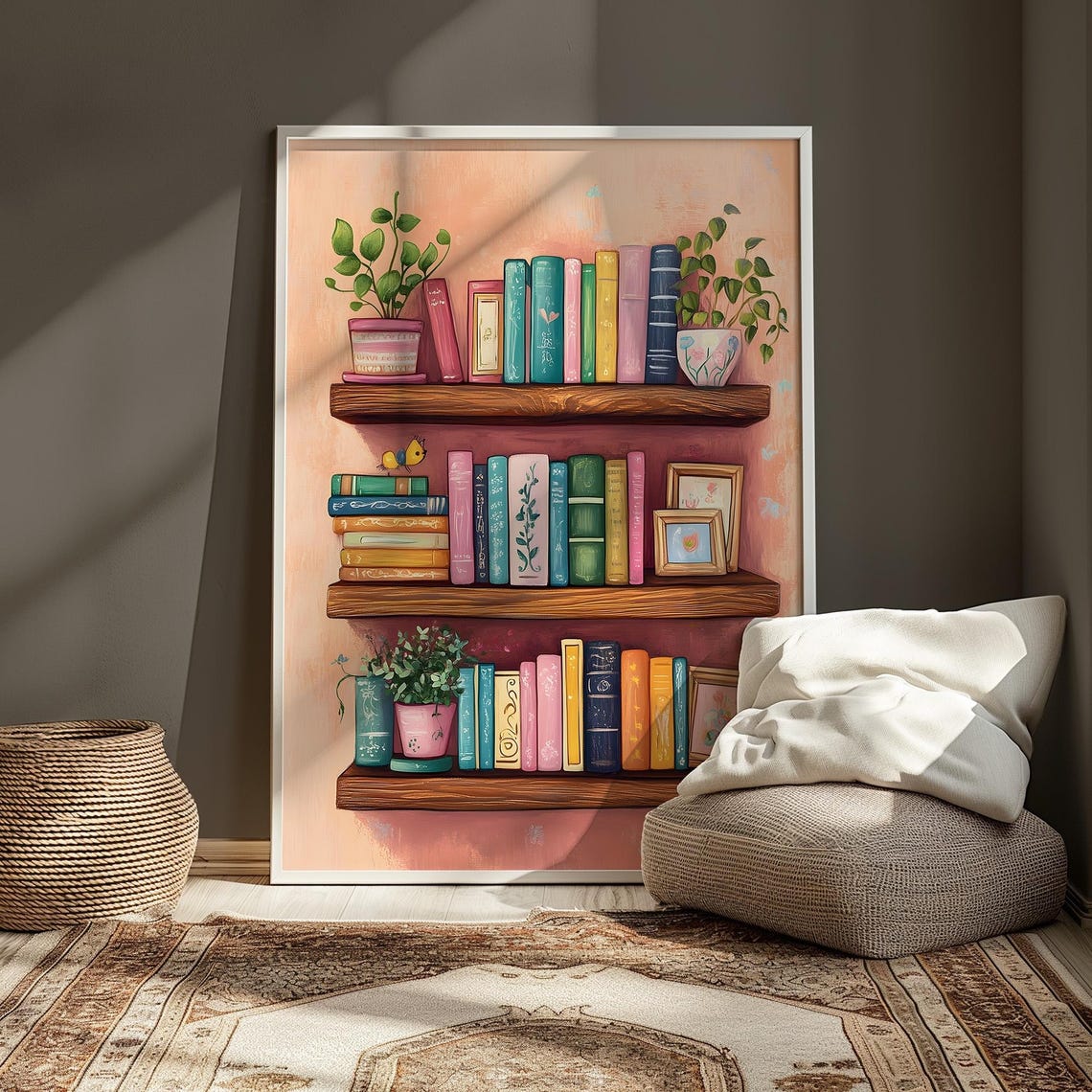 Pastel Pink Bookshelf Cozy Reading Nook Book Lover Wall Poster - Image 3