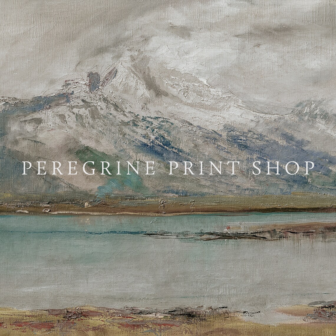 Moody Snow Capped Mountain Lake Stormy Gray Vintage Painting Poster - Image 2