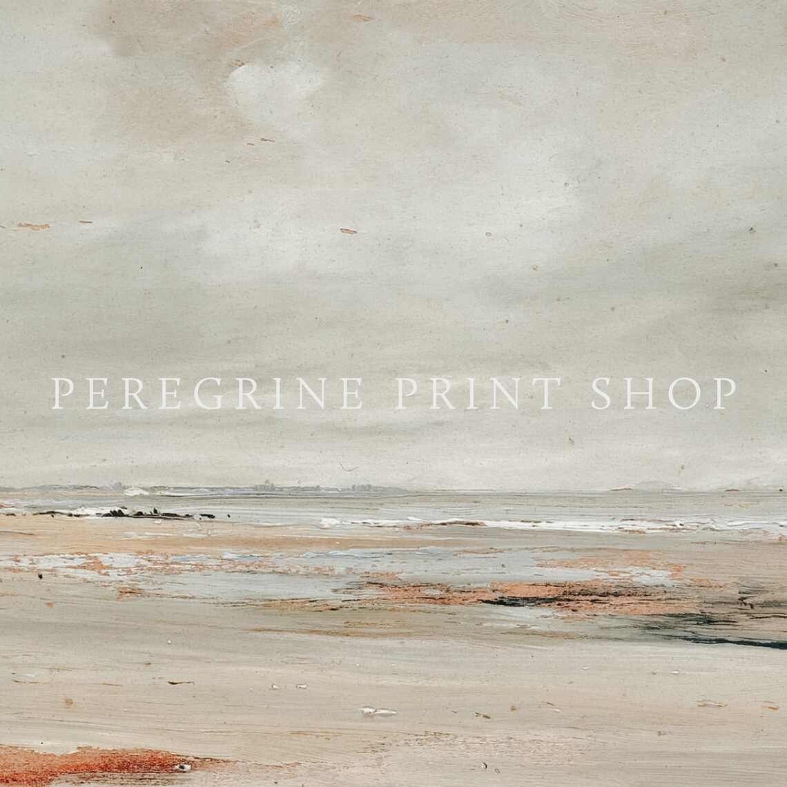 Cloudy Minimalist Beach Gray Sky Neutral Coastal Seascape Painting Poster - Image 3