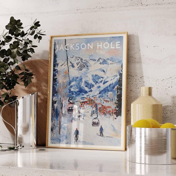 Jackson Hole Wyoming Painterly Gondola Skiers Village Travel Poster