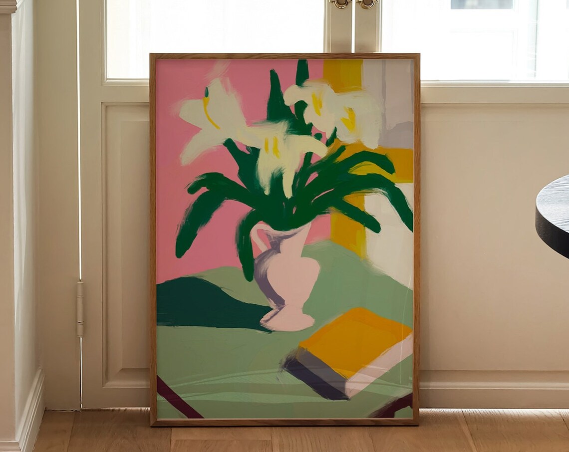 White Lilies In A Vase Colorful Still Life Floral Painting Poster