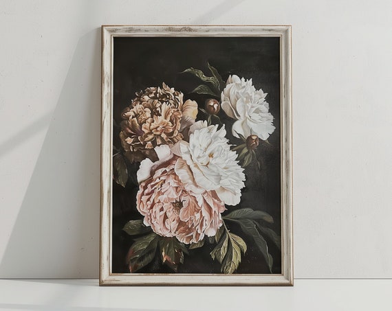 Pink Peony Vintage Floral Art Print, Moody Decor