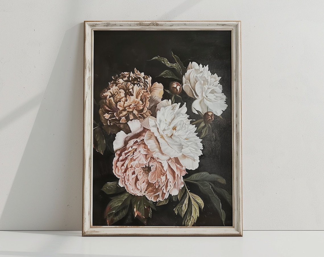 Pink Peony Vintage Floral Art Print, Moody Decor