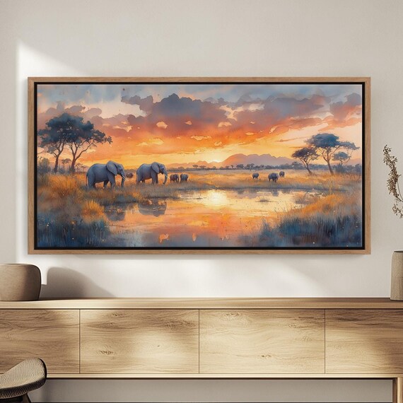 African Elephant Herd Sunset Watering Hole Savanna Painting Poster