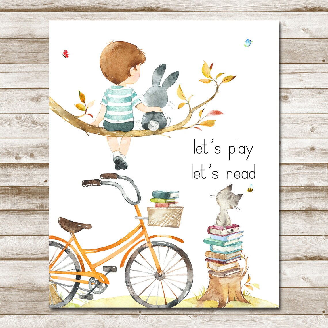 Lets Play Lets Read Boy Bunny Orange Bike Kids Playroom Poster - Image 4